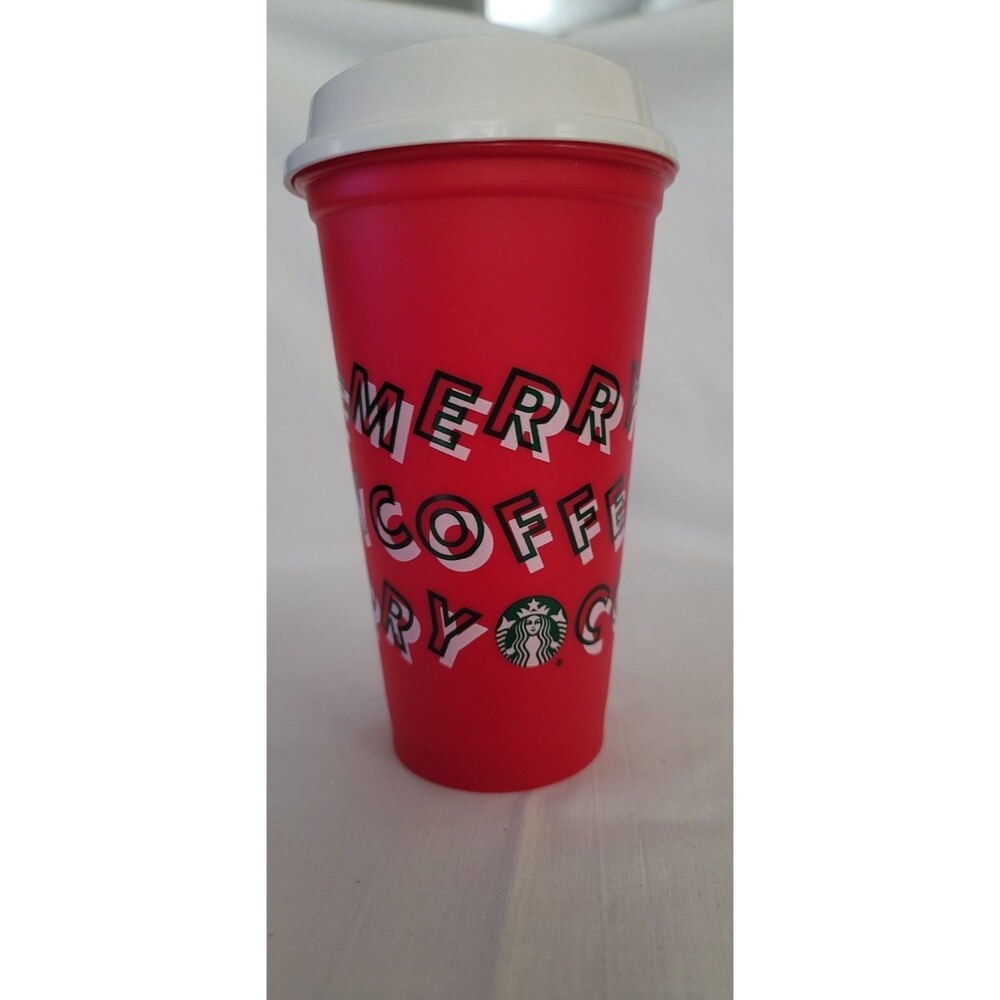 Starbucks 2019 Red Reusable Holiday Cup 16oz “Merry Coffee” White Lid Christmas